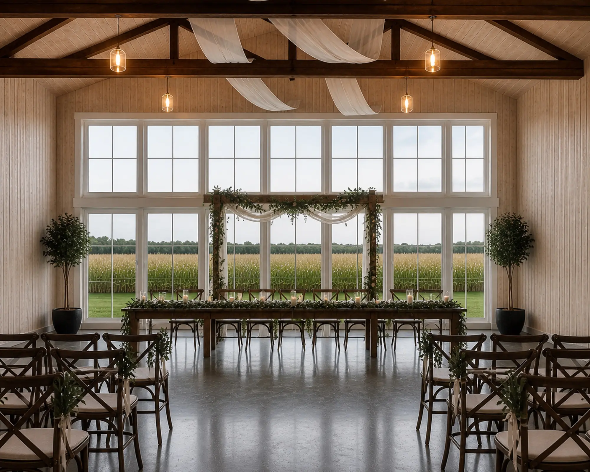 Rendering of the panoramic windows inside the 2027 white barn at Abram Farms, set for a ceremony